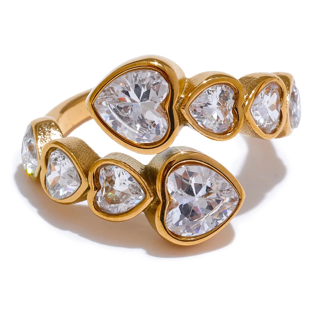 Yhpup Delicate Cubic Zirconia Heart Stainless Steel Gold Color Adjustable Fashion Open Ring High Quality Chic Charm Jewelry
