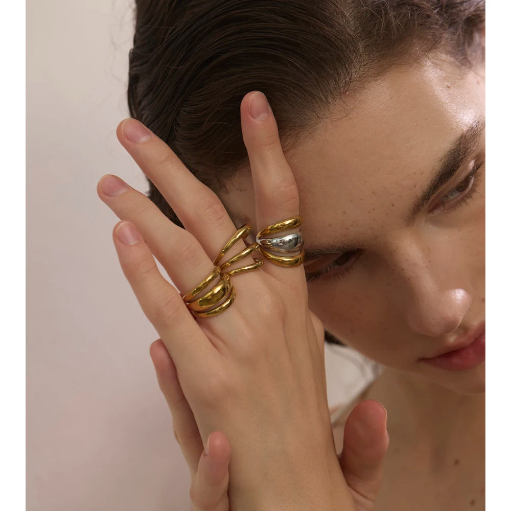 Yhpup Arrivals Glossy Stainless Steel Layered Hollow Open Ring for Women Distinctive Geometric Attractive Jewelry