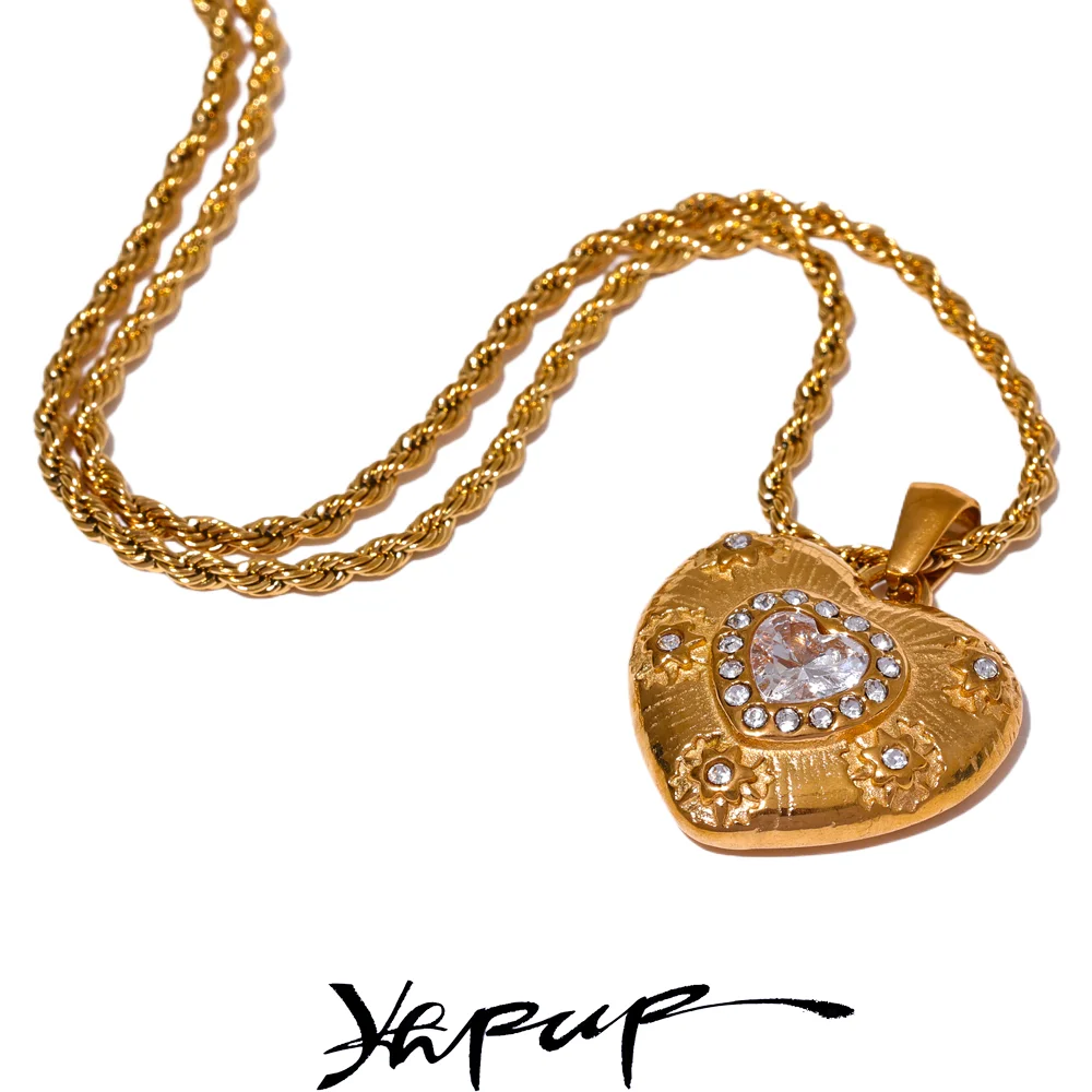 Yhpup Exquisite Stainless Steel Heart Love CZ Pendant Necklace High Quality Shiny Cubic Zirconia Romantic Gold Color Jewelry