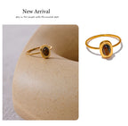 Yhpup Fashion Natural Stone Stainless Steel Oval Thin Chic Ring Women 18K PVD Plated Waterproof Jewelry Accessories Gift