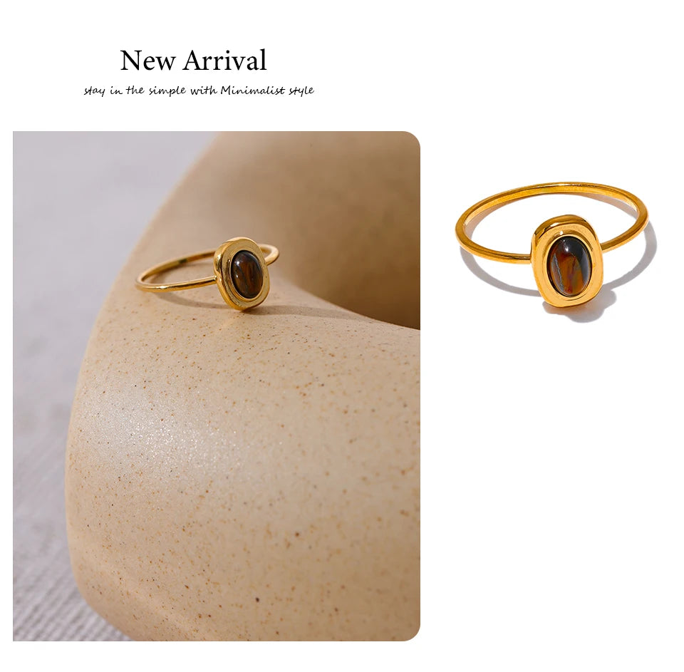 Yhpup Fashion Natural Stone Stainless Steel Oval Thin Chic Ring Women 18K PVD Plated Waterproof Jewelry Accessories Gift