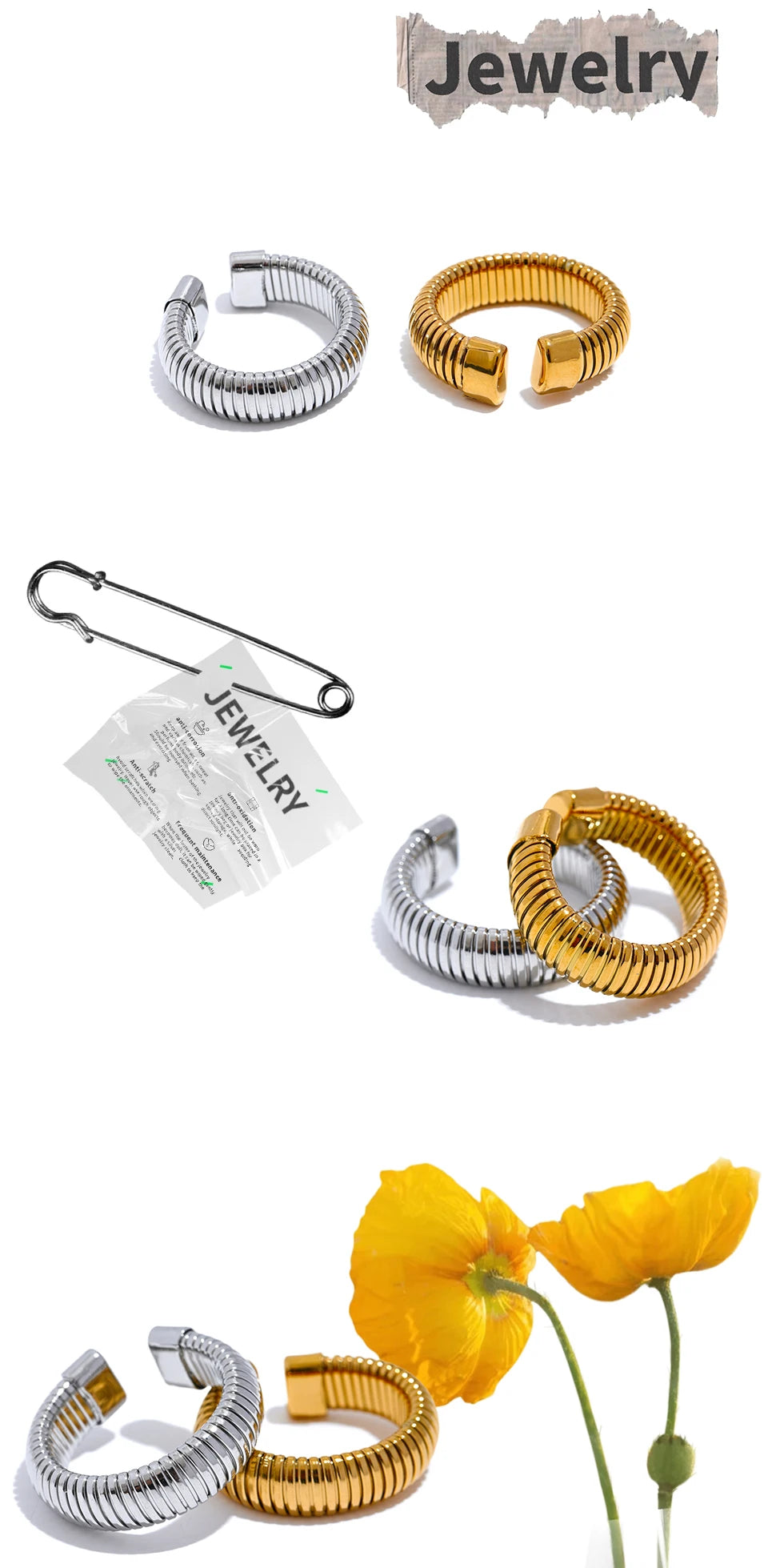 Yhpup Fashion Stainless Steel Round Elastic Open Ring Minimalist 18K PVD Plated Metal Classic Texture Jewelry Anillo Bijoux