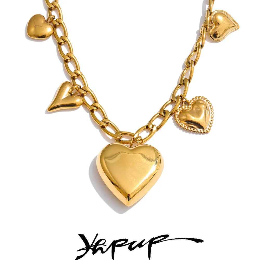 Yhpup High Quality Sleek Stainless Steel Thick Heart Love Pendant Charms Drop Necklace Golden Charm Waterproof Jewelry Recommend