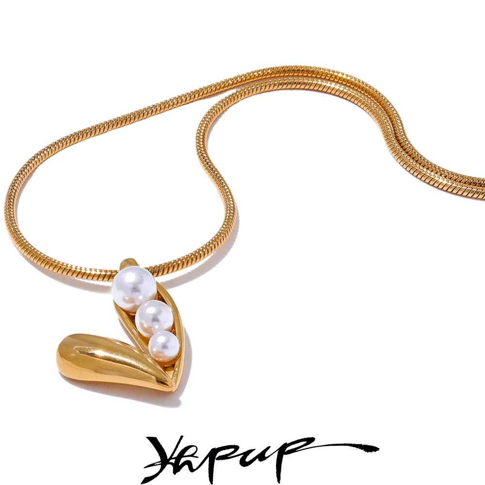 Yhpup Trendy Stainless Steel Imitation Pearls Heart Love Pendant Necklace Water Resistant Gold Color Fashion Collar Jewelry